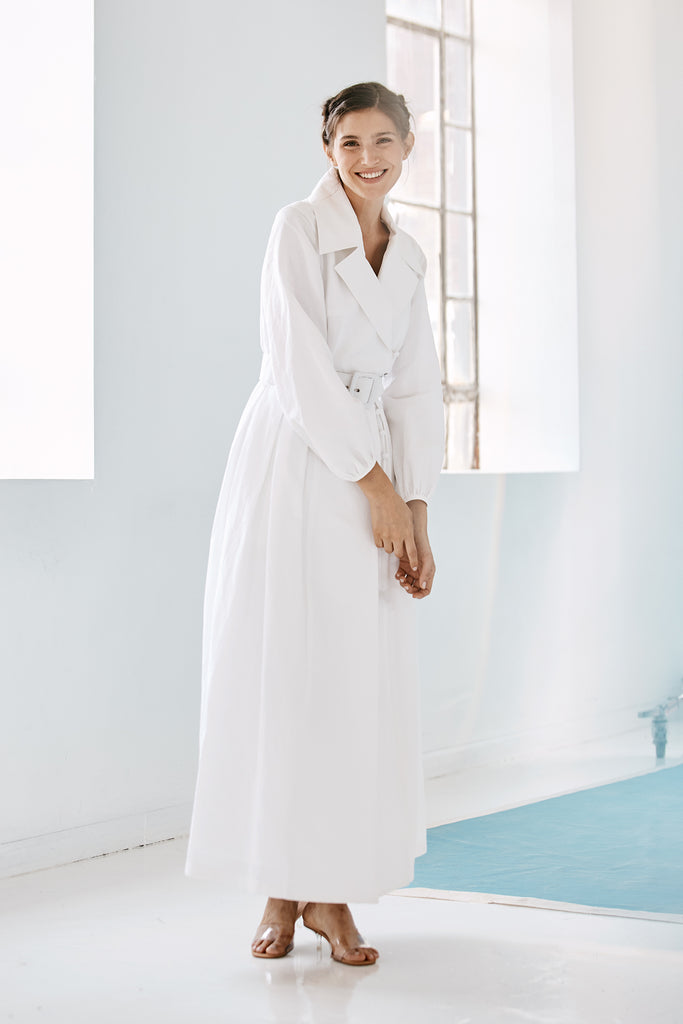 Model wearing Danielle Fichera Luisa Coat Dress in White