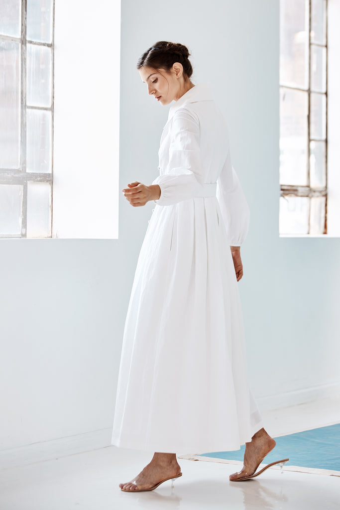 Model wearing Danielle Fichera Luisa Coat Dress in White