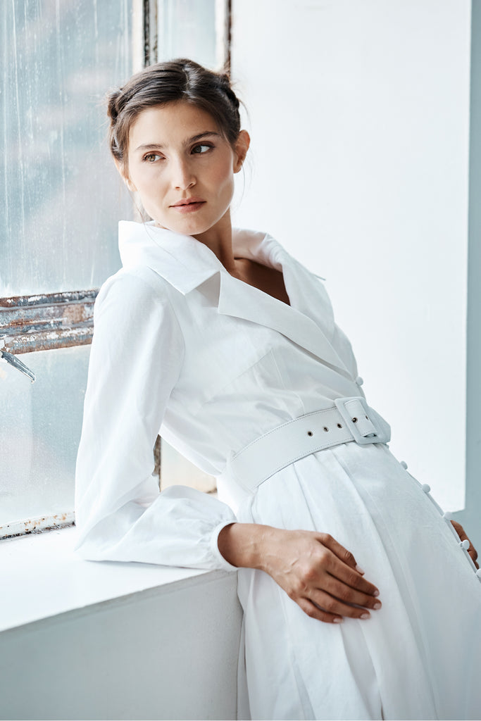 Model wearing Danielle Fichera Luisa Coat Dress in White