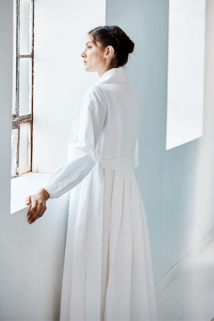 Model wearing Danielle Fichera Luisa Coat Dress in White