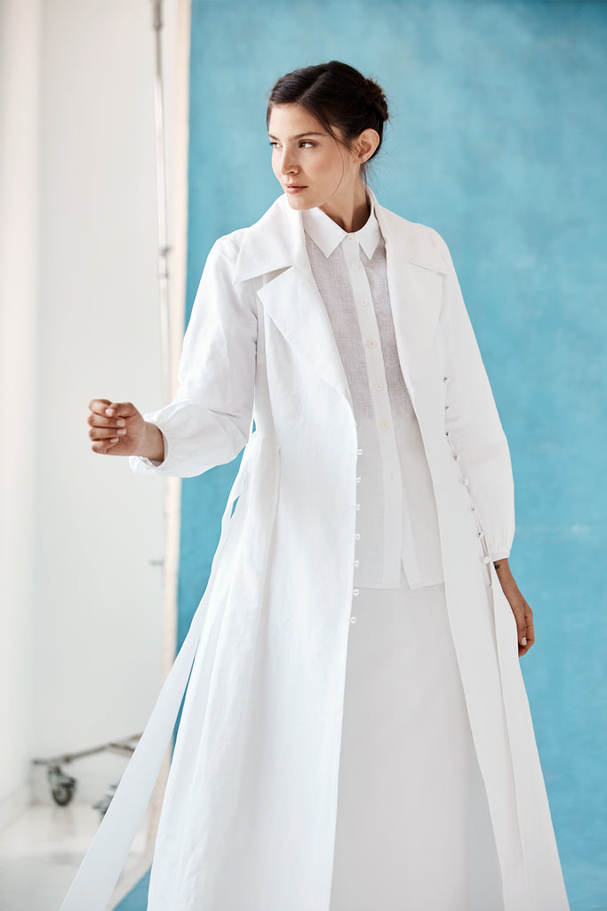 Model wearing Danielle Fichera Luisa Coat Dress in White