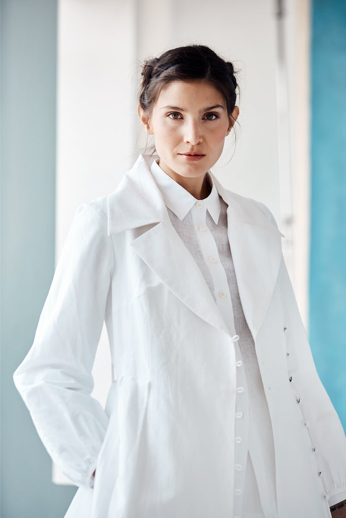 Model wearing Danielle Fichera Luisa Coat Dress in White