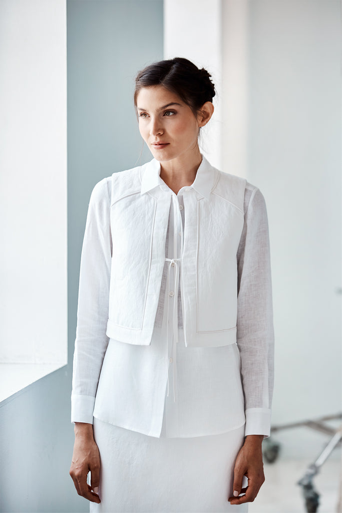 Model wearing the Ella Vest made with sustainable fabrics.