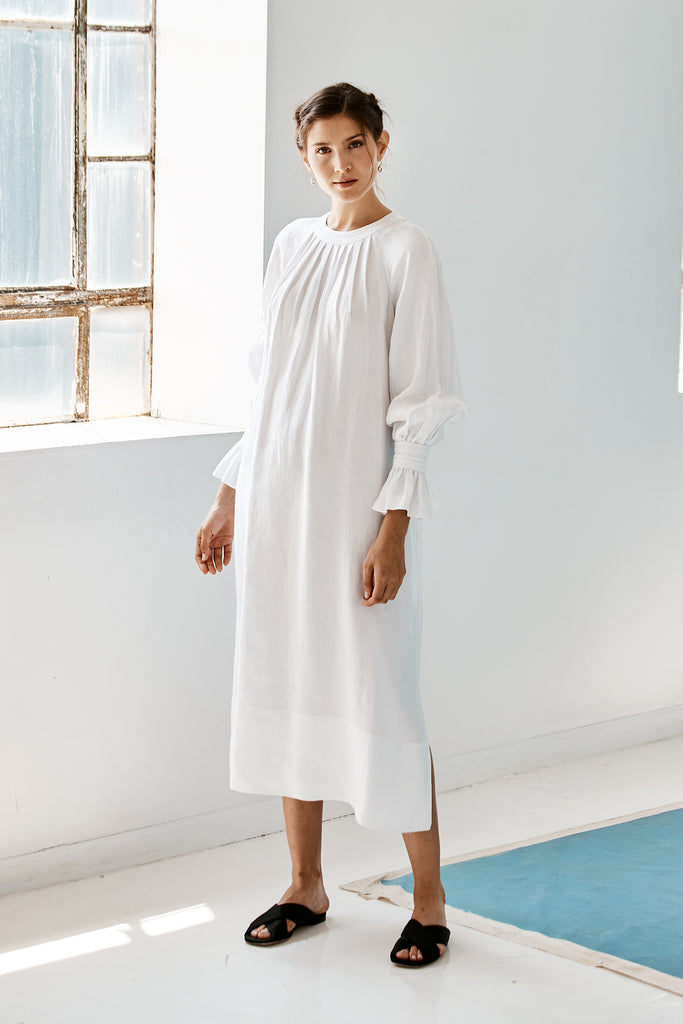 Clarita Caftan Dress in White Linen