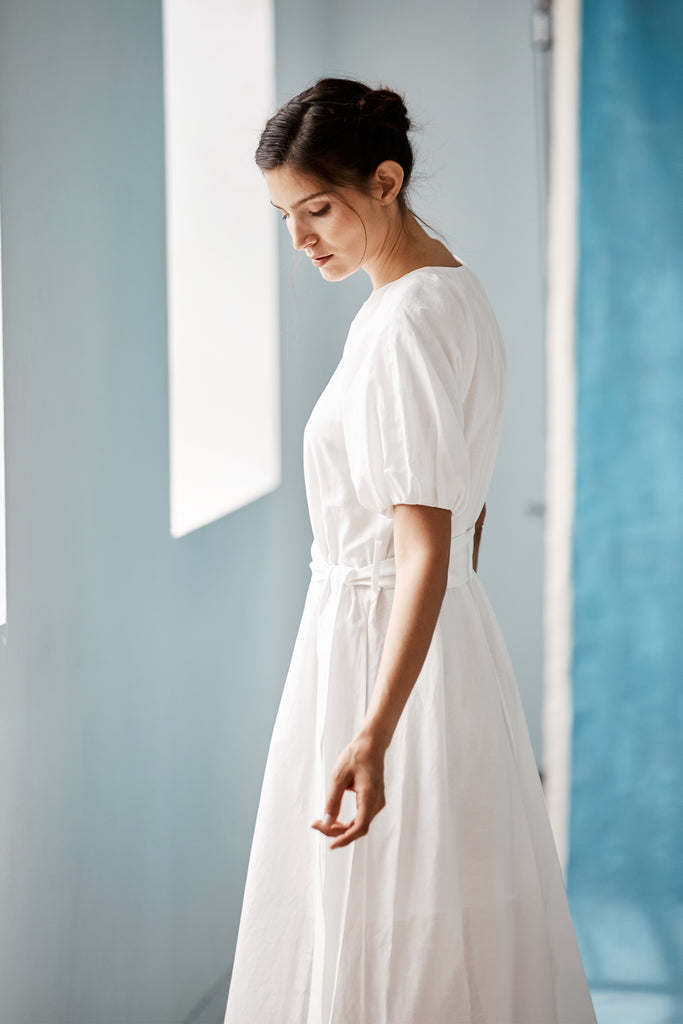 Danielle Fichera White Violette Dress in White Cotton and Linen