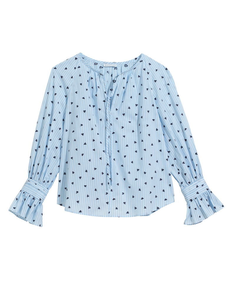 The front the Lilli Blouse by Danielle Fichera in Navy Heart and French Stripe color.